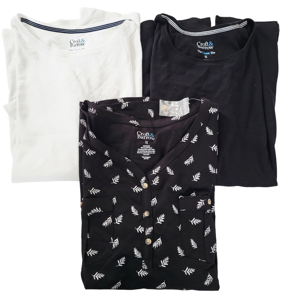 Croft & Barrow Womens Size 1X Bundle 3 Tops Black White Leaf Print Classic Tee